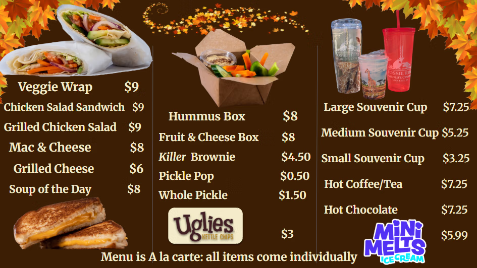 An image of the newest food menu at Fossil Rim Wildlife Center's café.