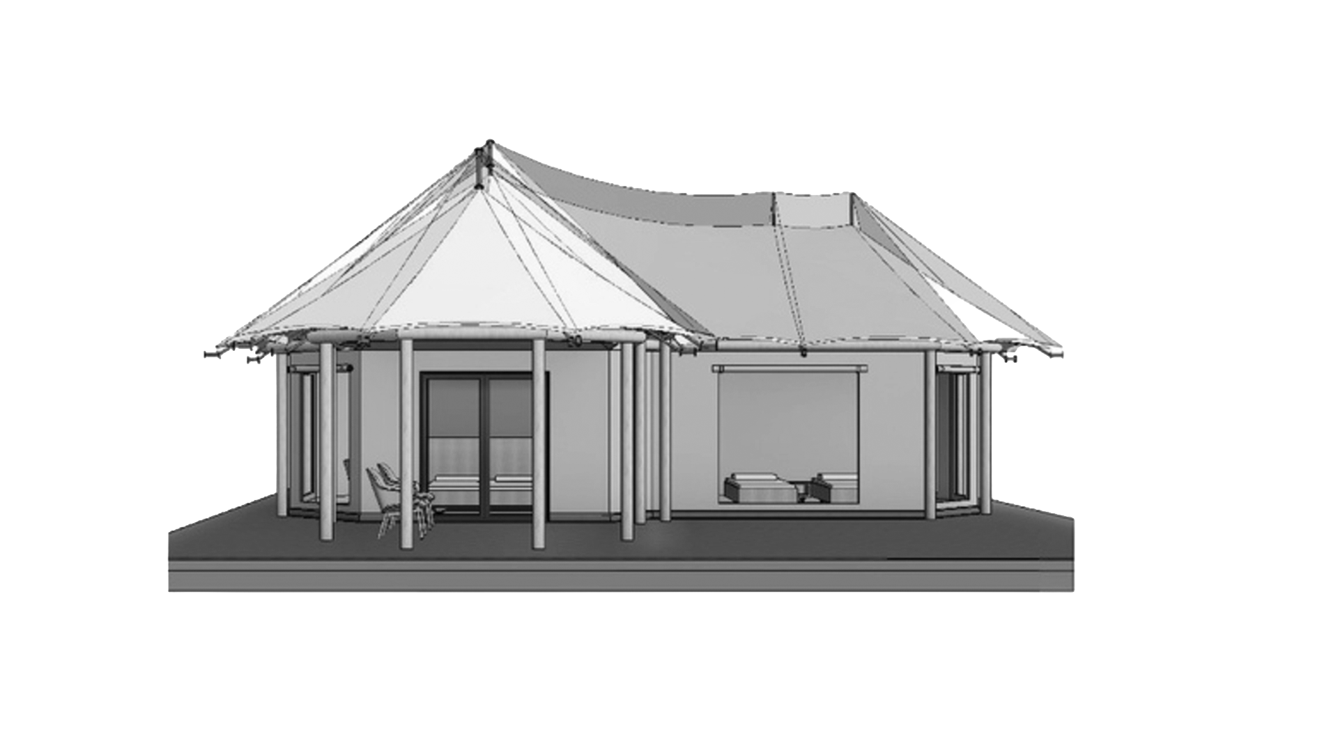 Digital rendering of a double occupancy safari tent.