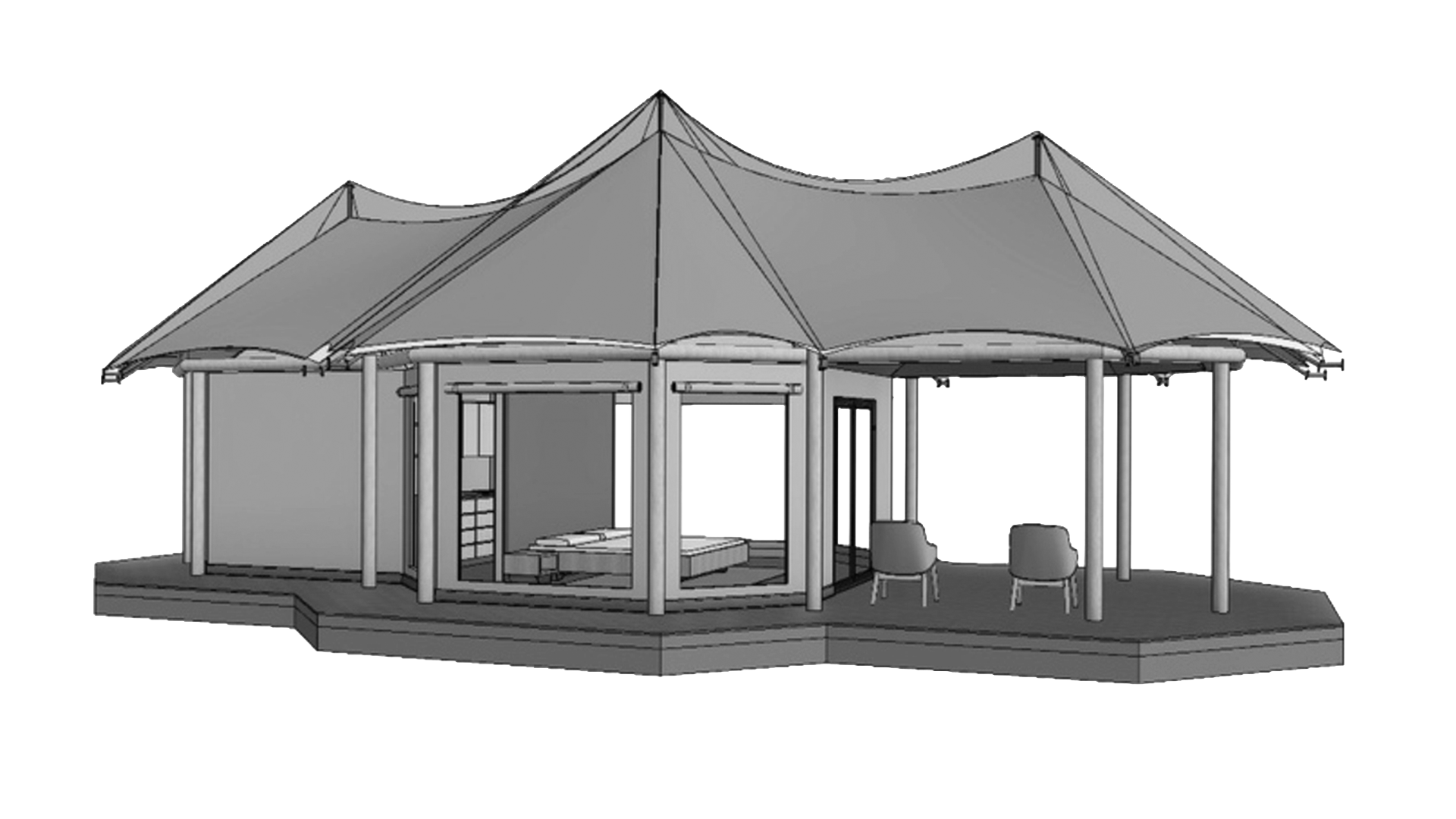 Digital rendering of a single occupancy safari tent.