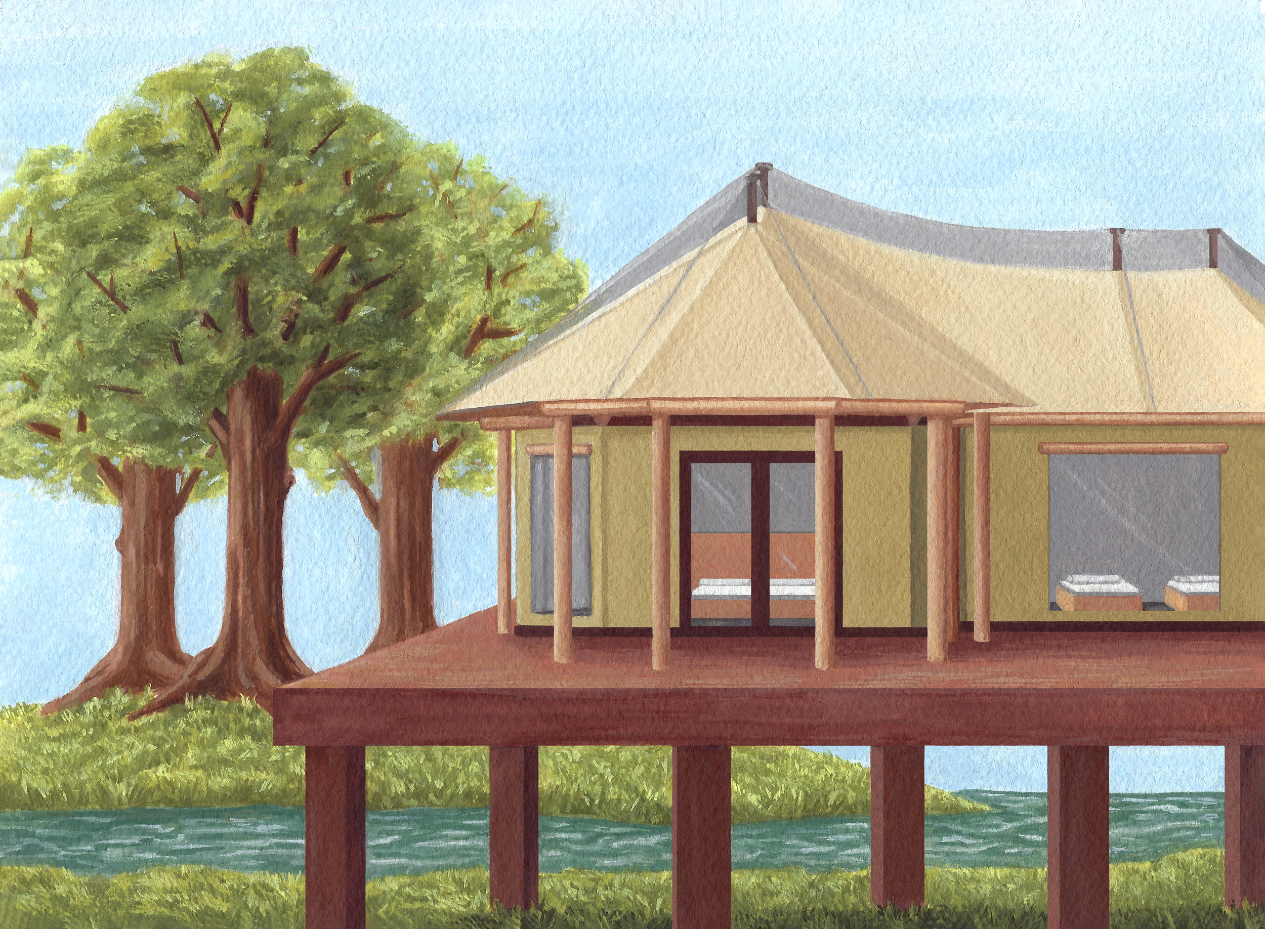 A watercolor painting of Fossil Rim's new safari style tent by Jenna Kurecki.